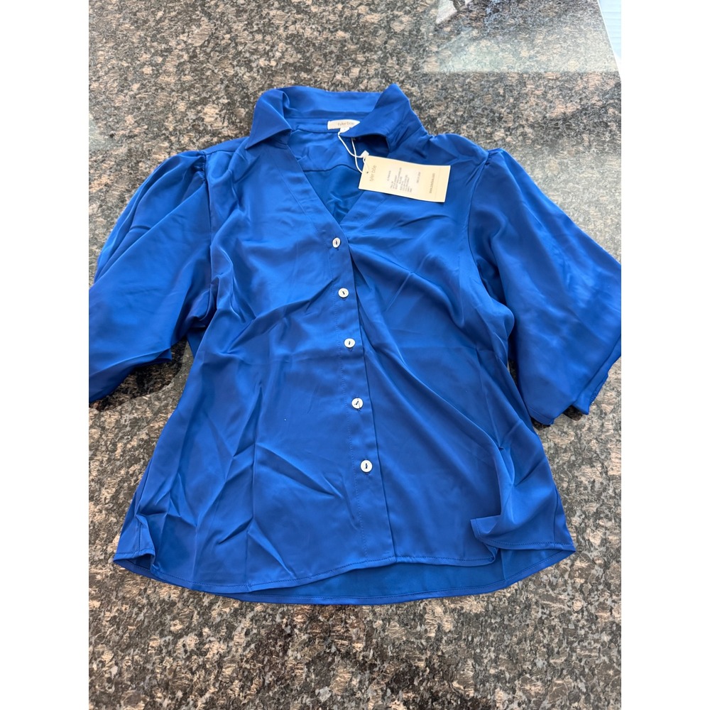 Tyler Boe Tara Charmeuse Blouse Cobalt Blue Puff Sleeve V-Neck 32000FF Mens S